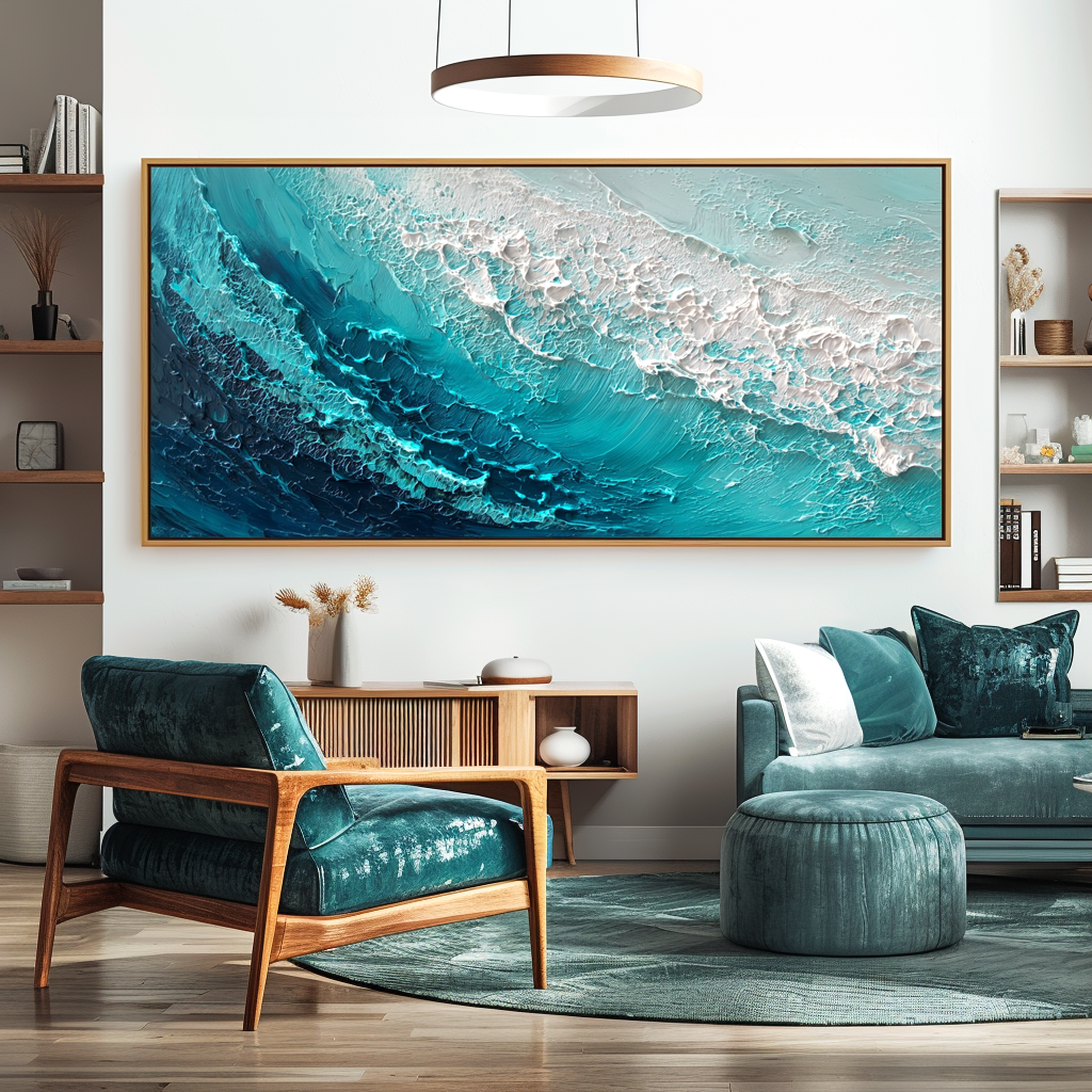 Cyan Surge-Textured Ocean Wave Painting