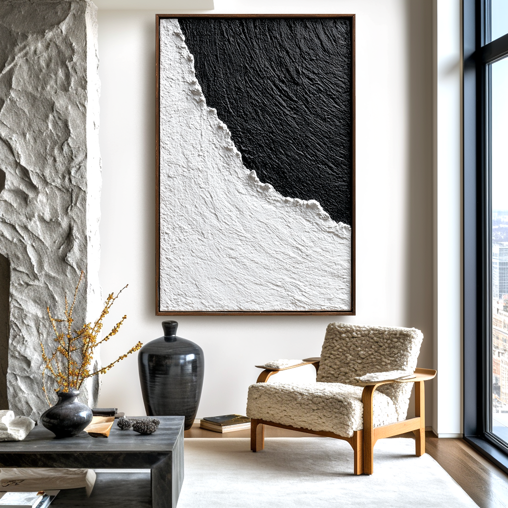 Monochrome Curve-Textured Abstract Painting