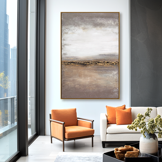Golden Horizon – Neutral Textured Abstract Landscape Painting