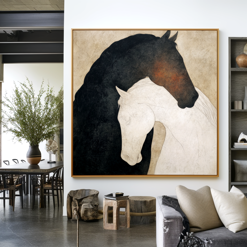 Gentle Embrace-Black & White Horse Painting