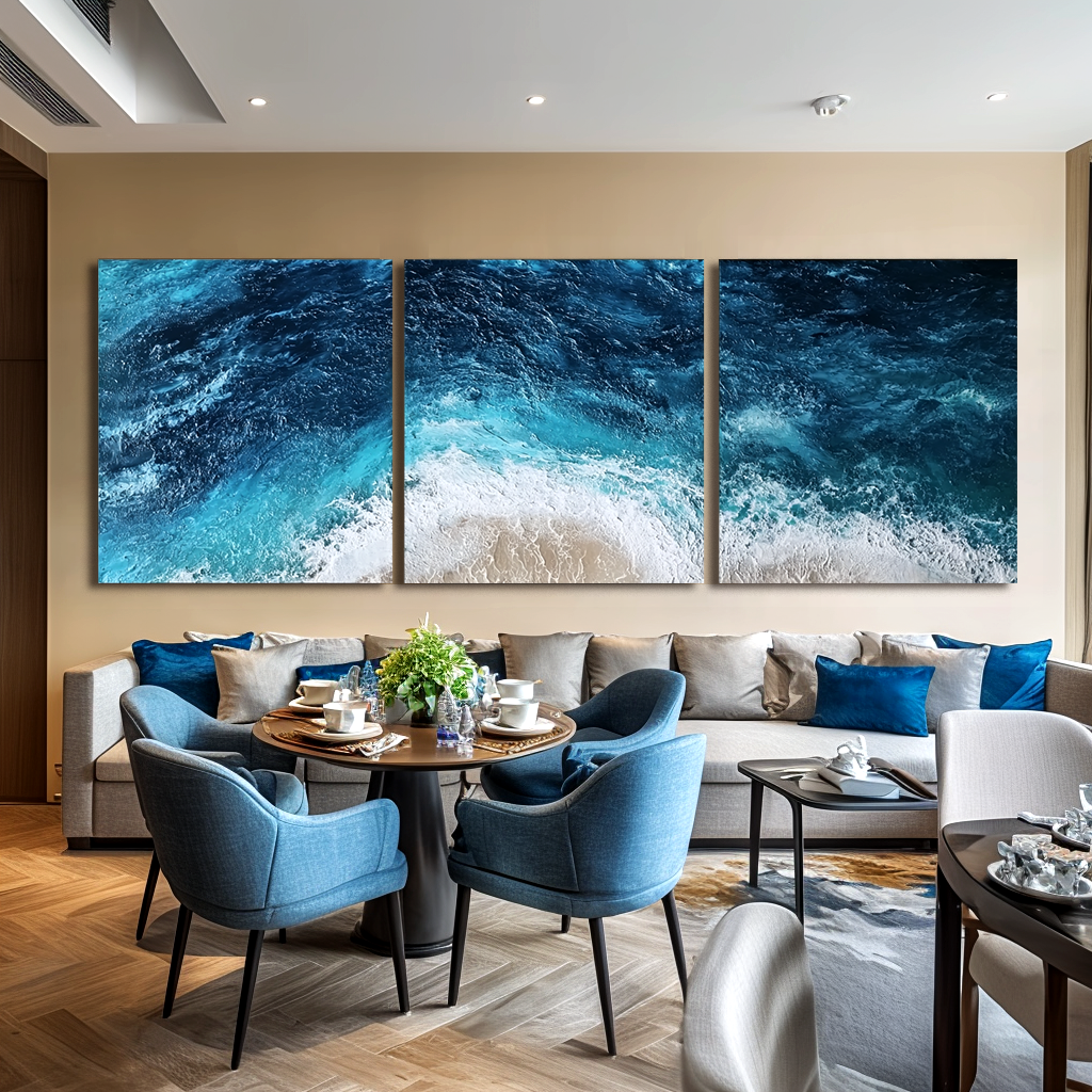 Azure Surge-Ocean Triptych Painting
