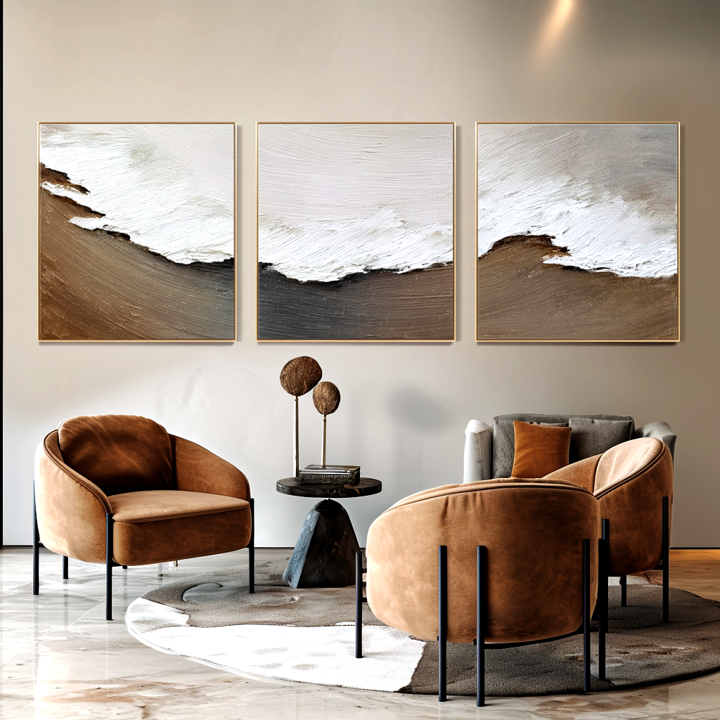 Ashen Shore-Textured Triptych Painting