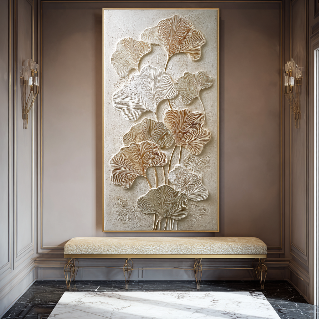 Ginkgo Garden-Neutral Leaf Relief Painting