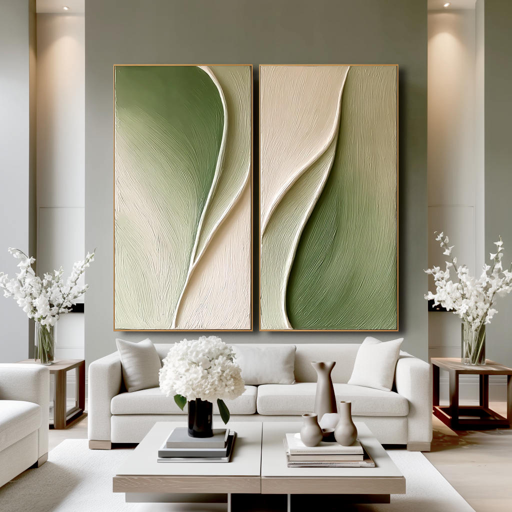 Sage Fold-Textured Diptych Painting