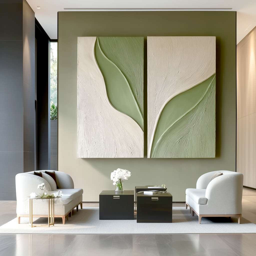 Olive Vein-Textured Diptych Painting