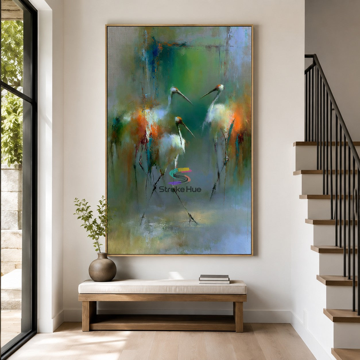 Verdant Veil-Abstract Crane Painting