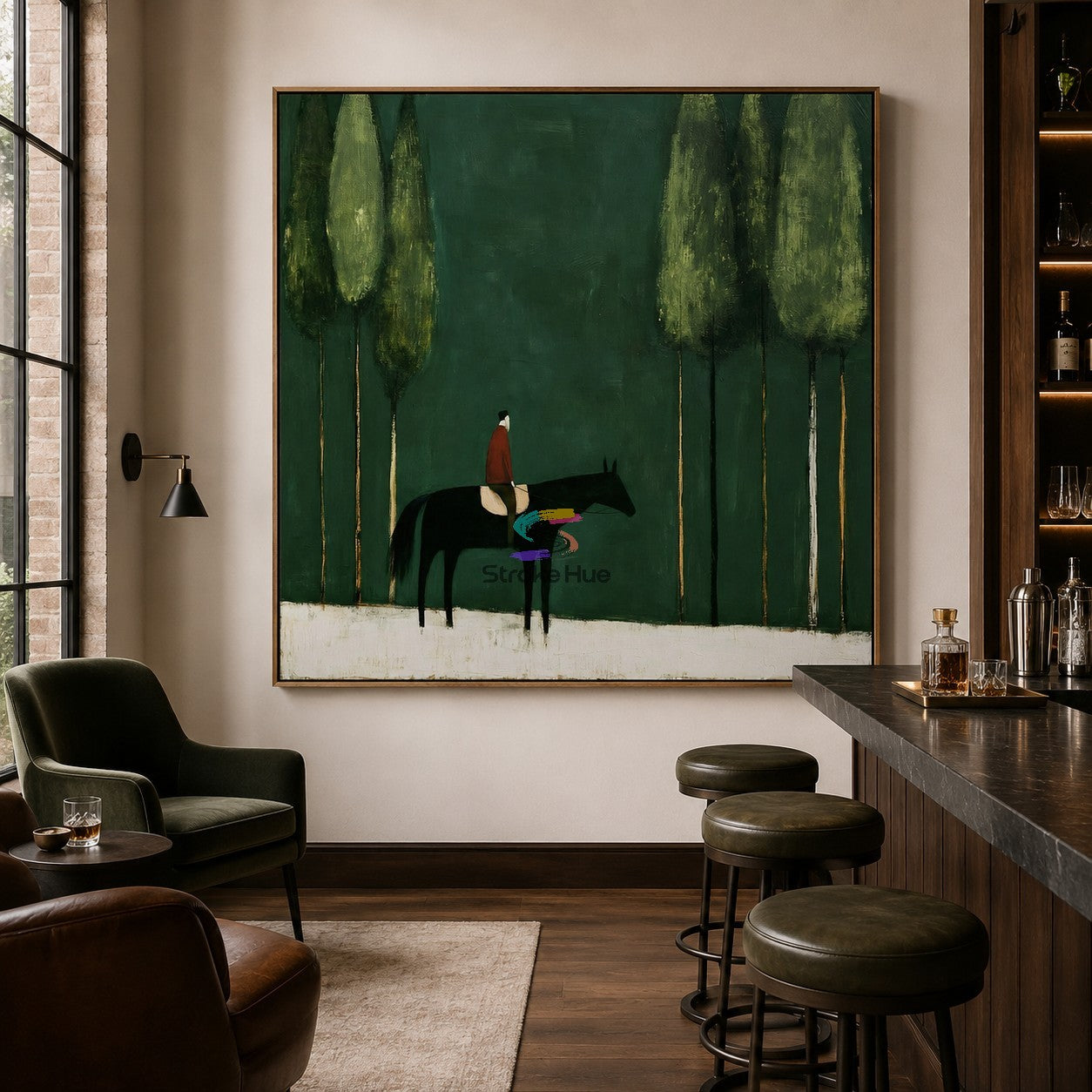 Evergreen Passage-Black Horse Painting
