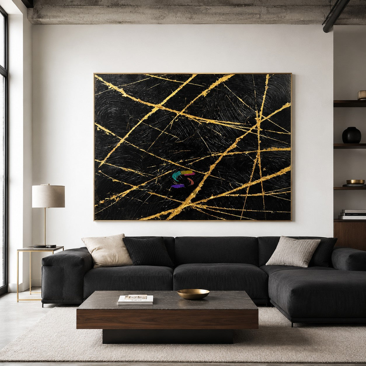 Gilded Crosslines-Black Gold Abstract Painting