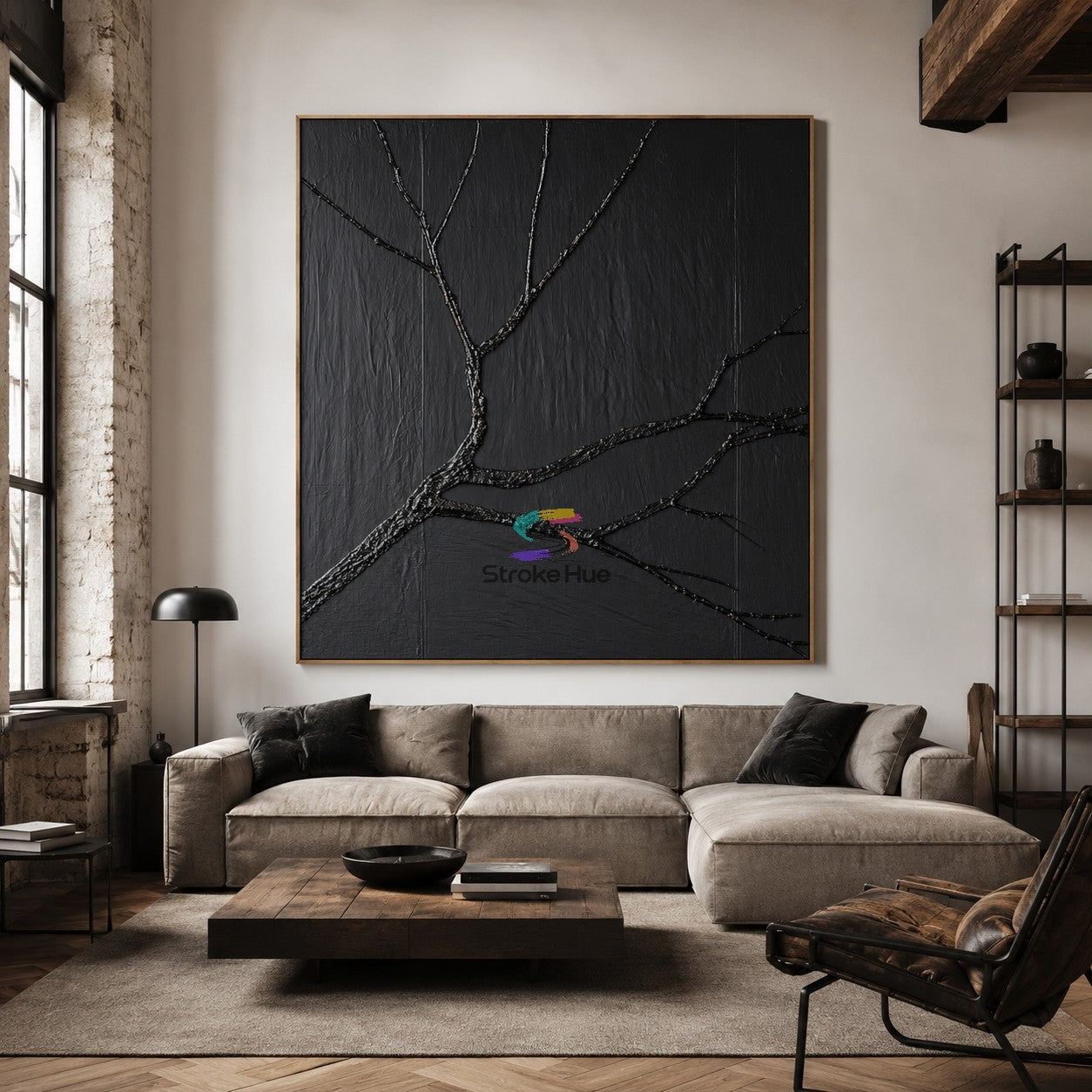 Midnight Branch-Black Textured Abstract Painting