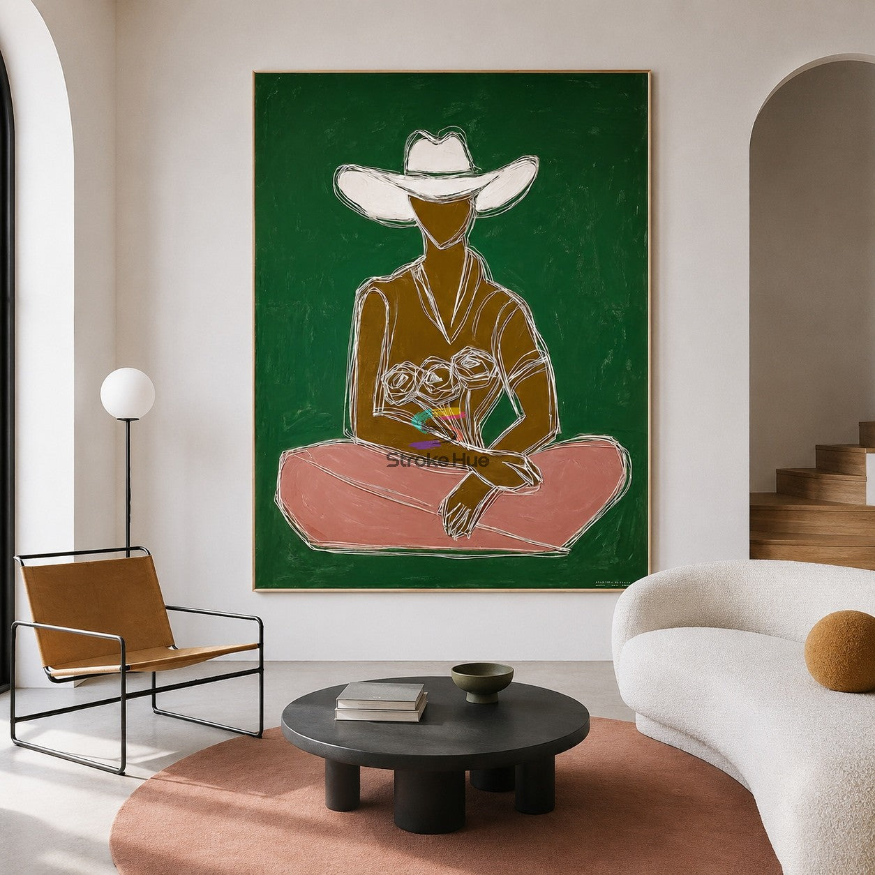 Emerald Stillness-Cowgirl Line Art Painting