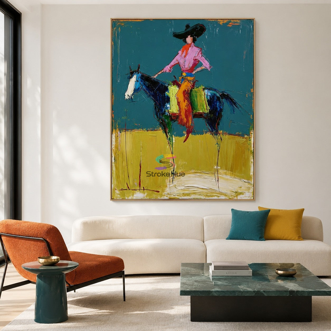 Teal Horizon-Colorful Cowgirl Horse Painting