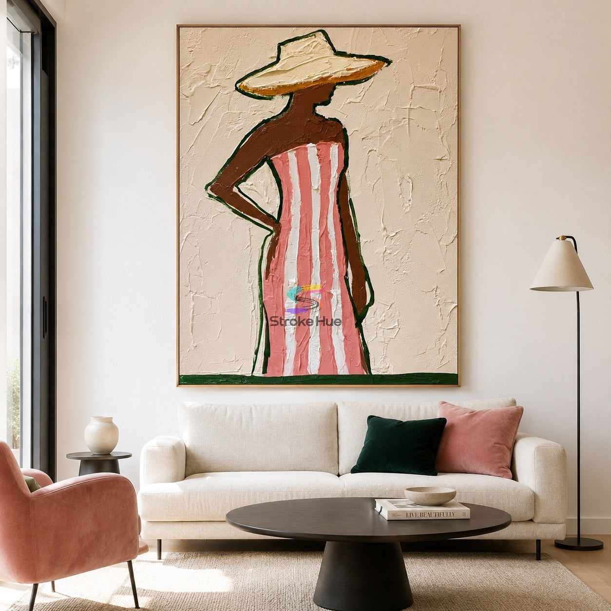 Pink Poise-Striped Dress Western Woman Painting