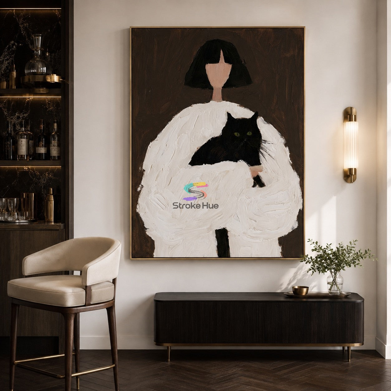Quiet Bond-Black Cat Woman Painting