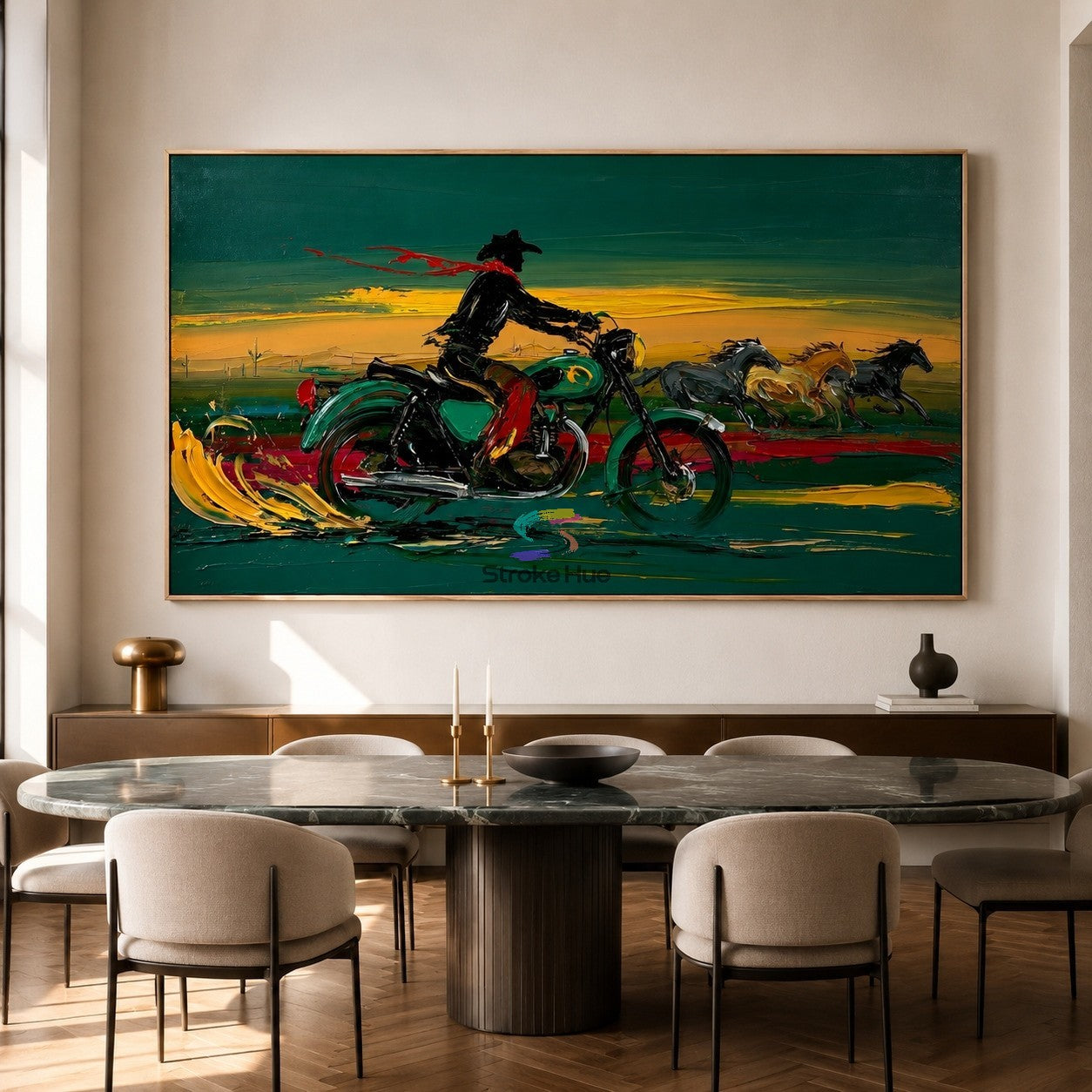 Sunset Chase-Cowboy Motorcycle and Horses Painting