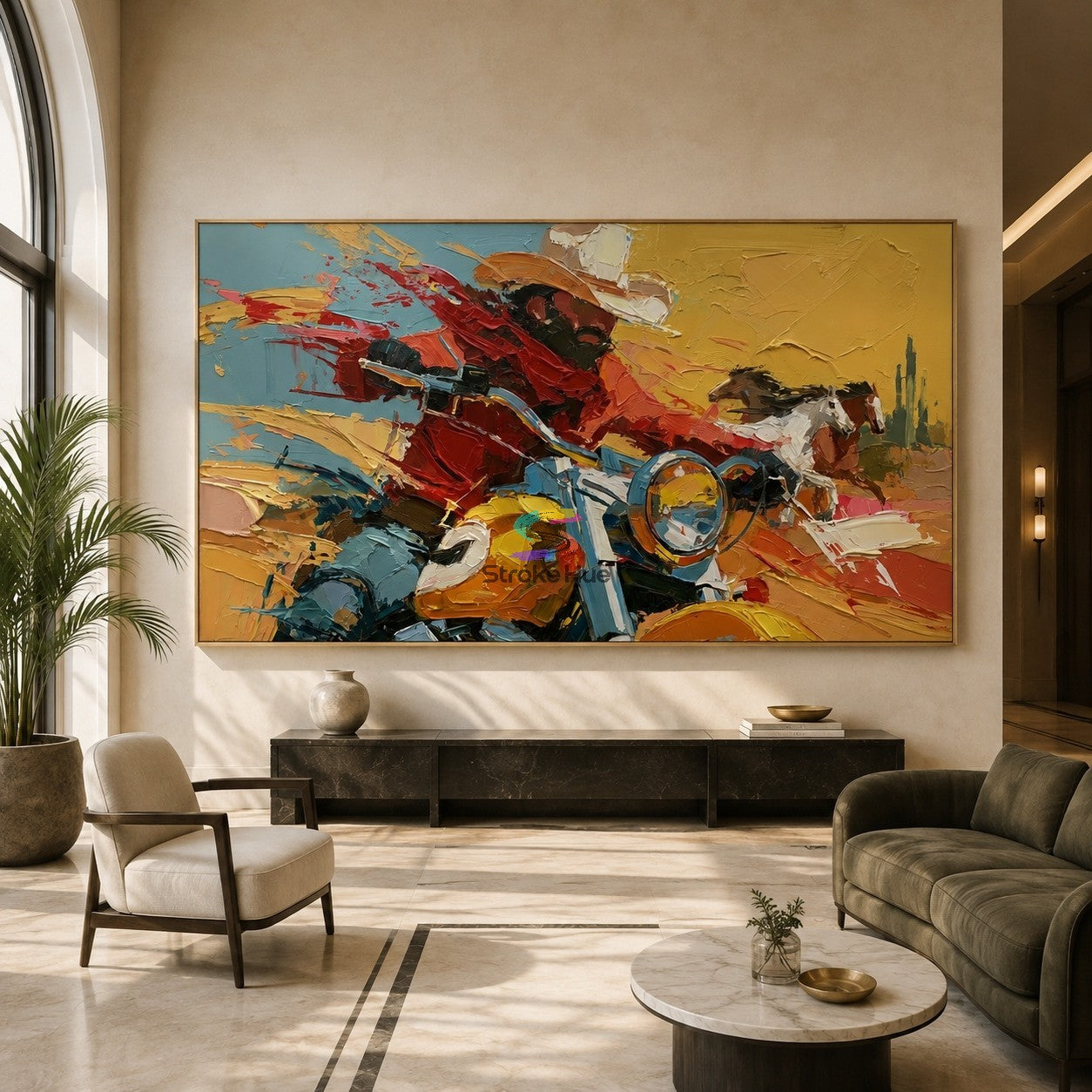 Dust Rush-Cowboy Motorcycle and Wild Horses Painting
