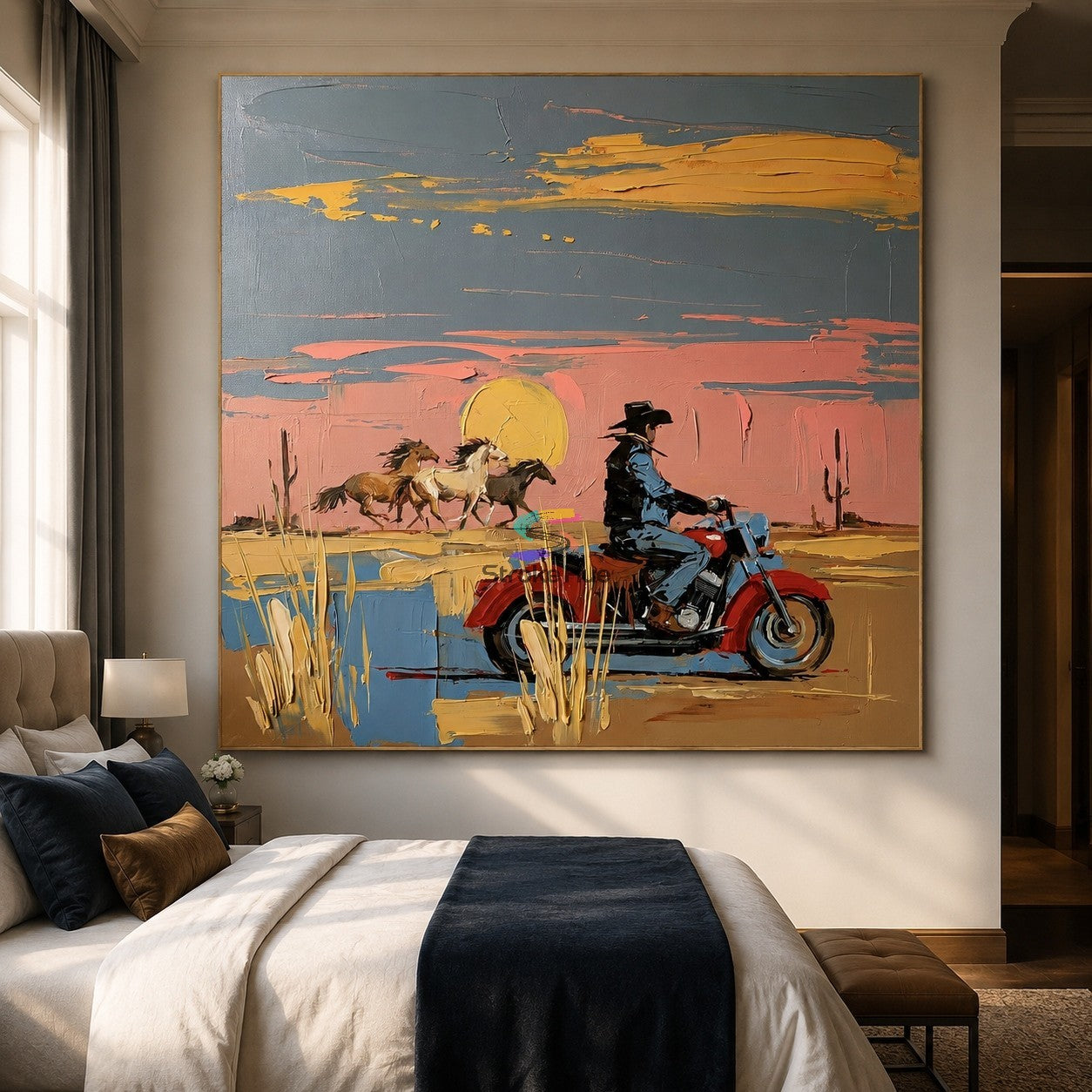 Sunset Ride-Cowboy Motorcycle and Wild Horses Painting