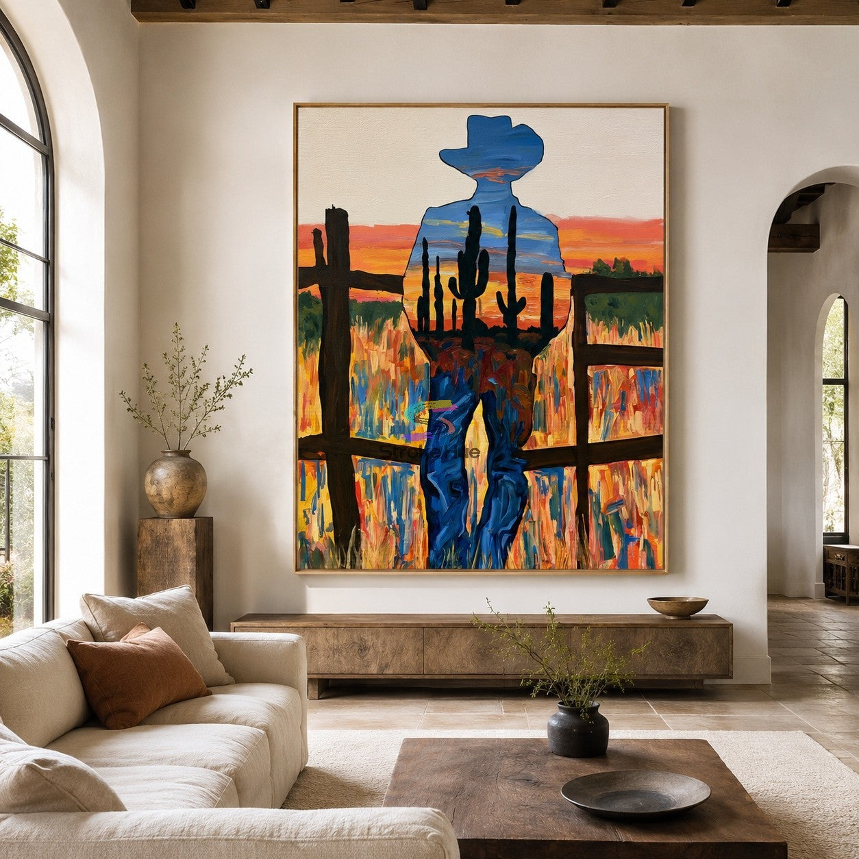 Desert Horizon-Cowboy Silhouette Western Landscape Painting