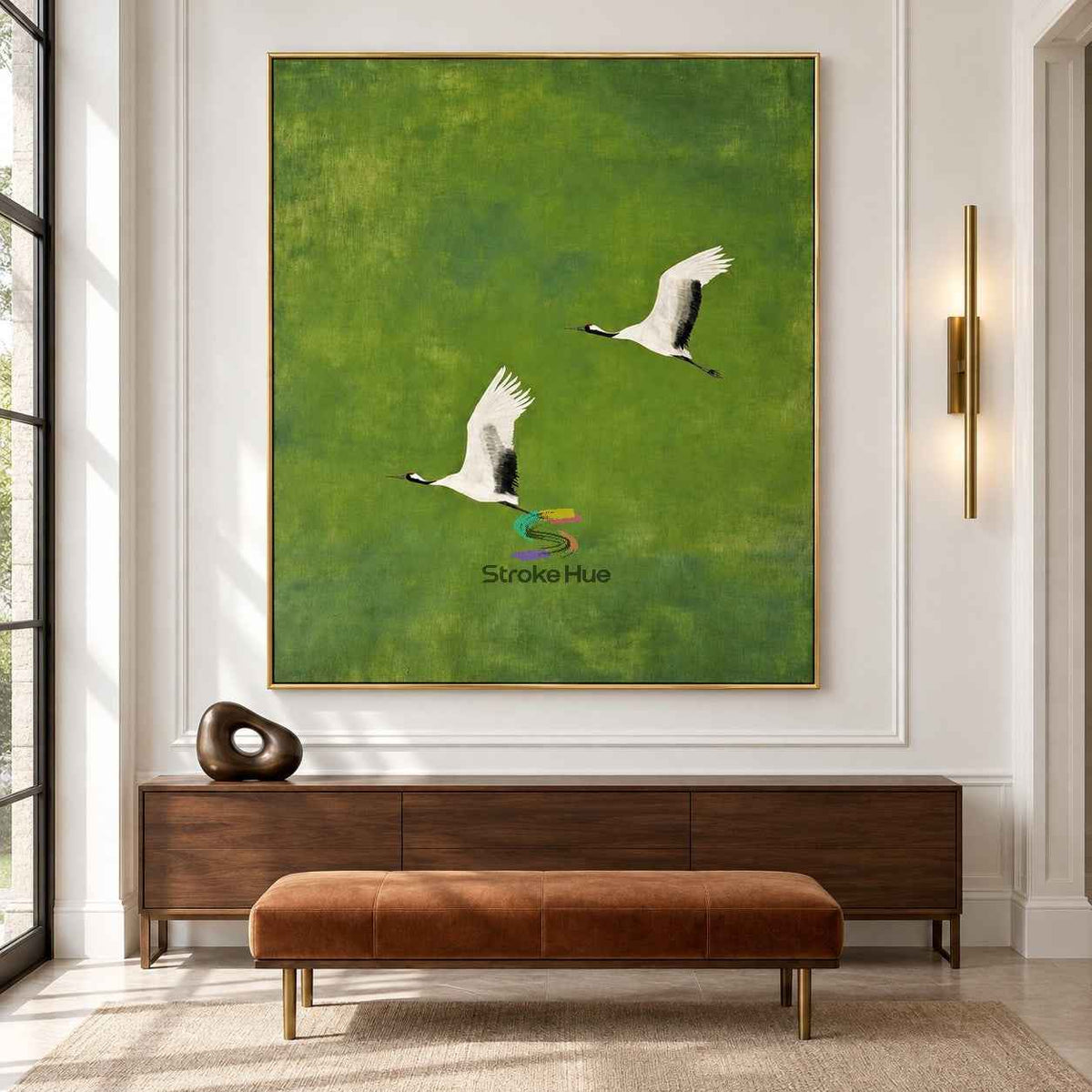 Emerald Flight-Crane Bird Nature Oil Painting