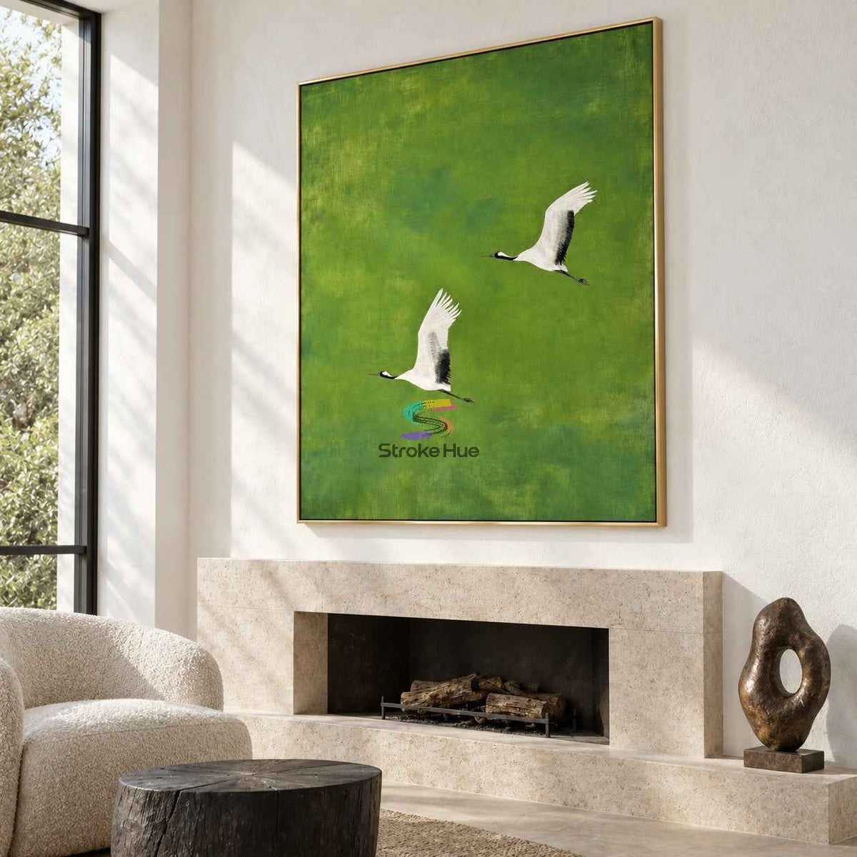 Emerald Flight-Crane Bird Nature Oil Painting