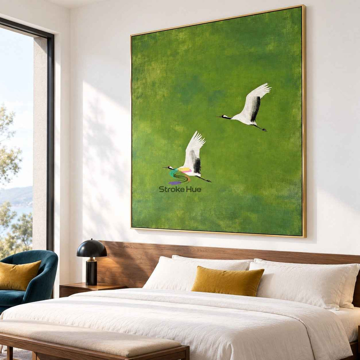 Emerald Flight-Crane Bird Nature Oil Painting
