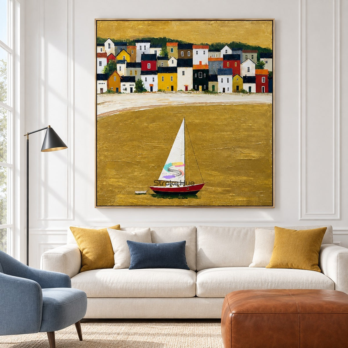 Coastal Village-Sailboat Seascape Painting
