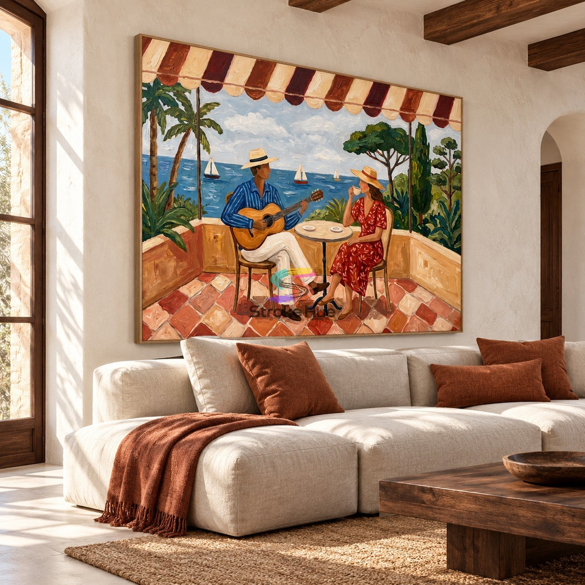 Seaside Serenade-Coastal Cafe Figurative Oil Painting