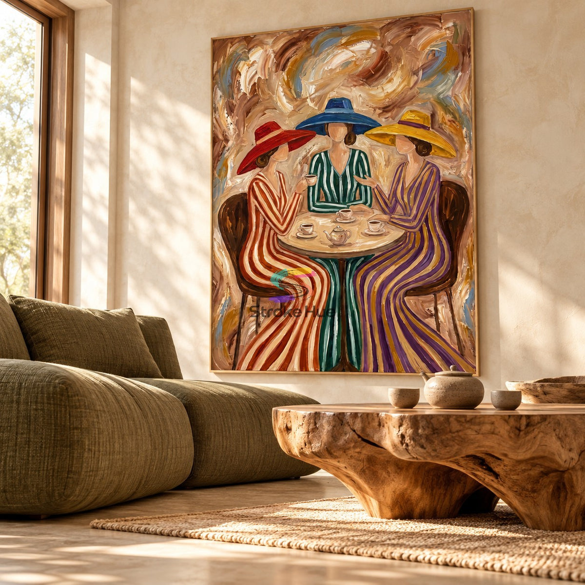 Tea & Tales-Three Women Figurative Oil Painting
