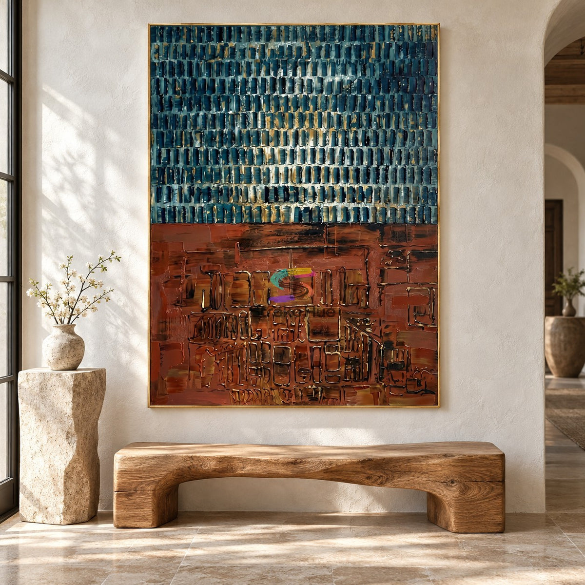 Midnight Terracotta-Textured Abstract Oil Painting