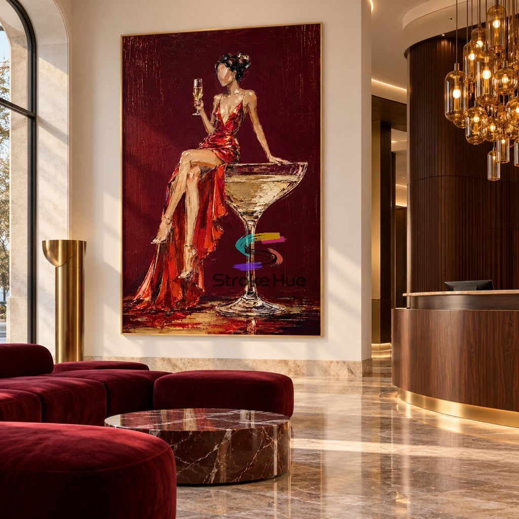 Crimson Soirée-Champagne Figurative Oil Painting