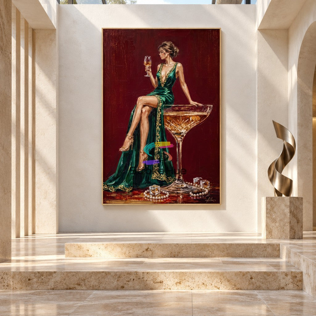 Emerald Indulgence-Champagne Figurative Oil Painting