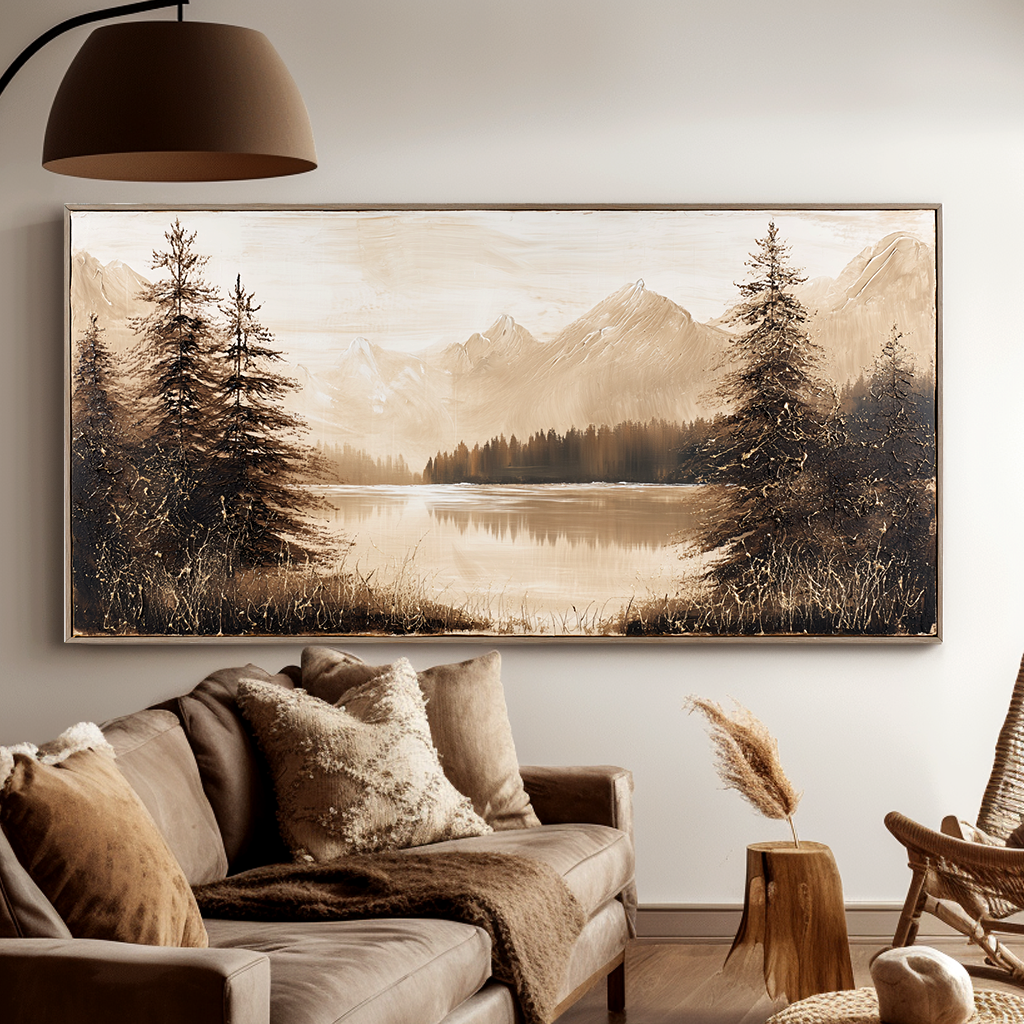 Sepia Pines-Mountain Lake Painting
