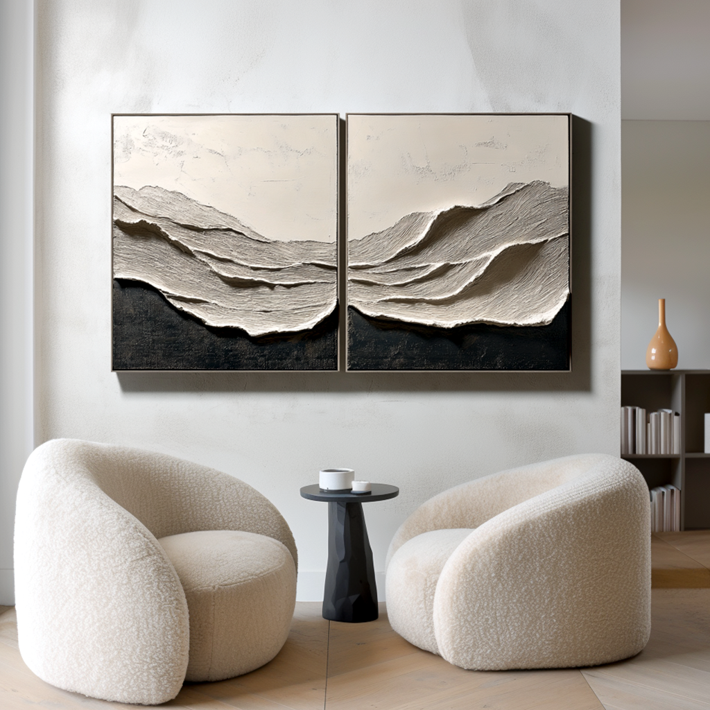 Monochrome Ridge-Relief Diptych Painting