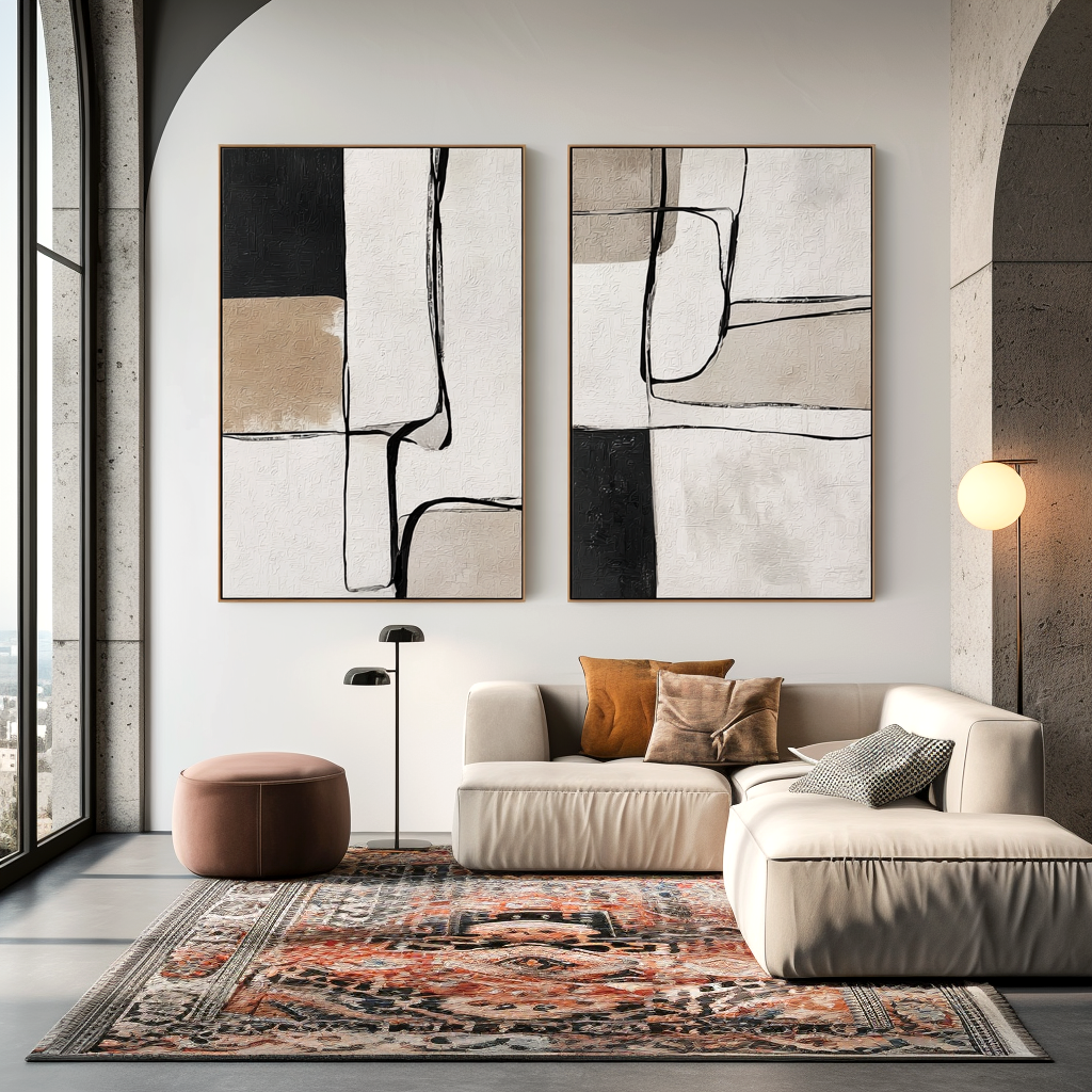 Ivory Gridline-Abstract Diptych Painting