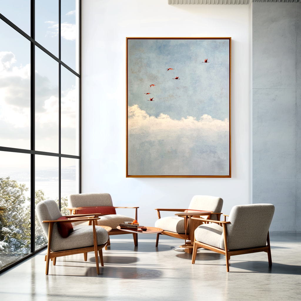 Scarlet Drift-Bird Sky Painting