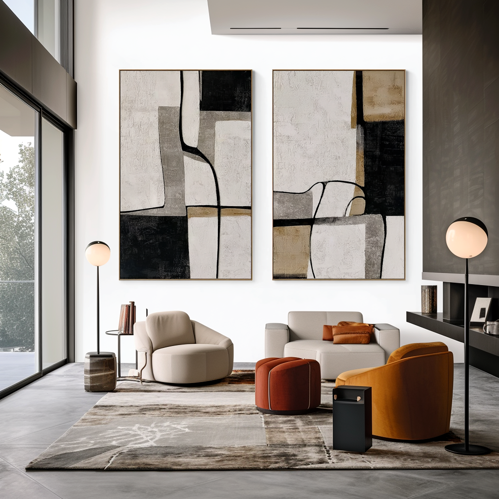 Obsidian Grid-Abstract Diptych Painting