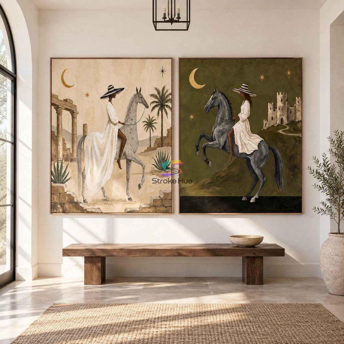 Twin Moon Riders-Cowgirl Horse Diptych Painting