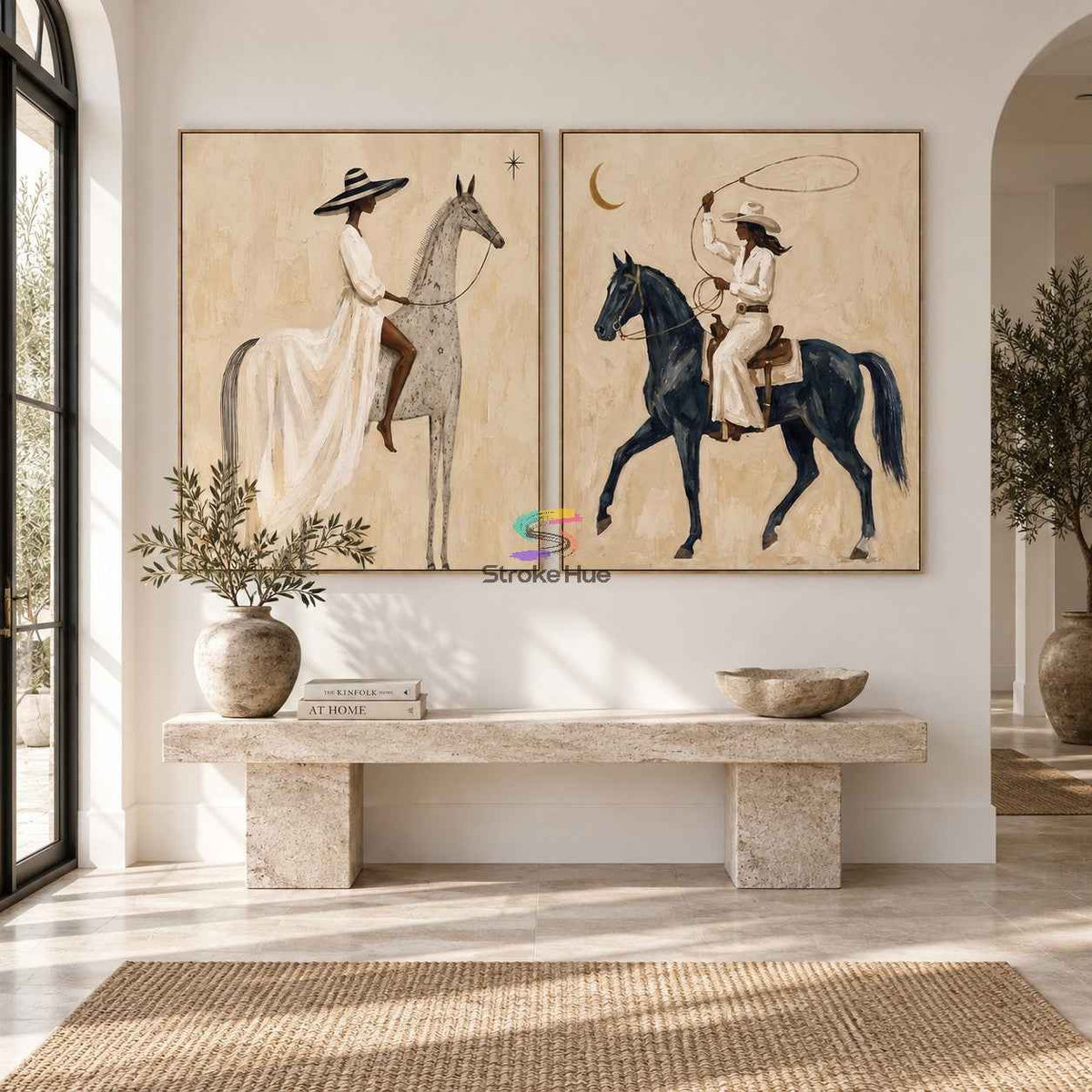 Ivory and Midnight-Cowgirl Horse Diptych