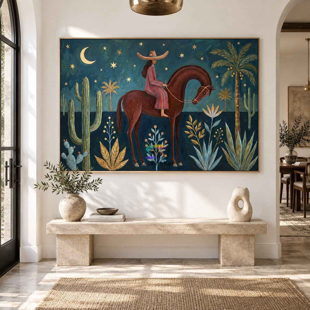 Starry Cactus Ride-Striped Cowgirl Horse Painting