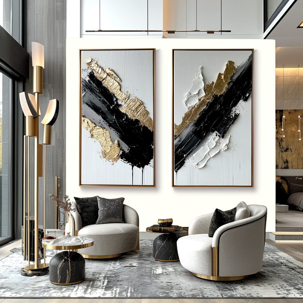 Gilded Sweep-Abstract Diptych Painting