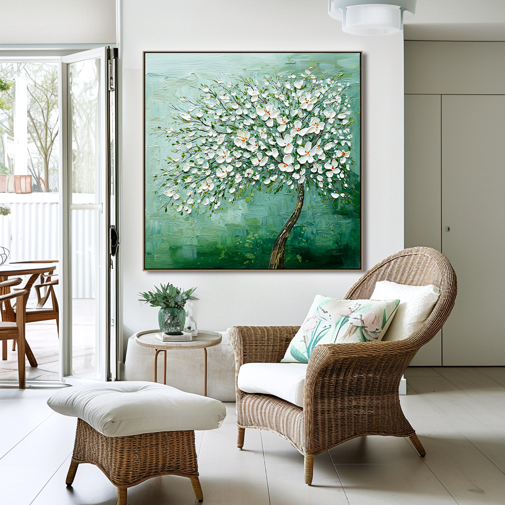 Mint Blossom-White Floral Tree Painting