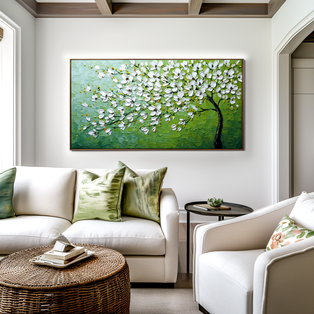 Lime Canopy-White Blossom Branch Painting