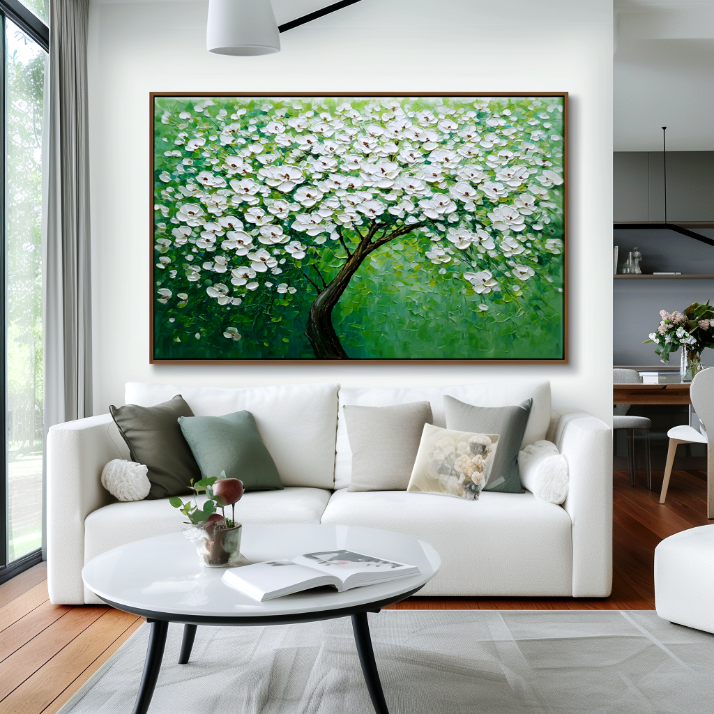 Blooming Horizon – Large Textured White Blossom Tree Oil Painting