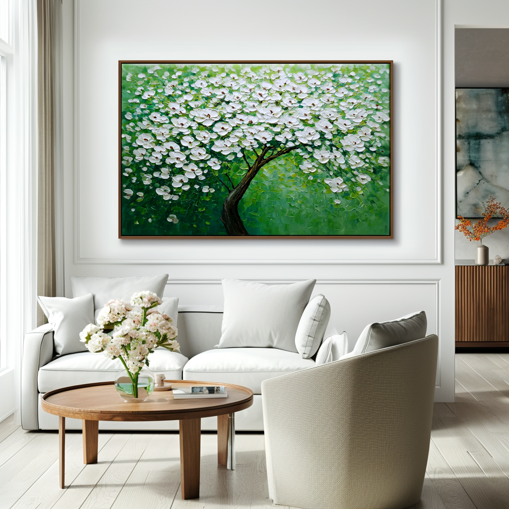 Blooming Horizon – Large Textured White Blossom Tree Oil Painting
