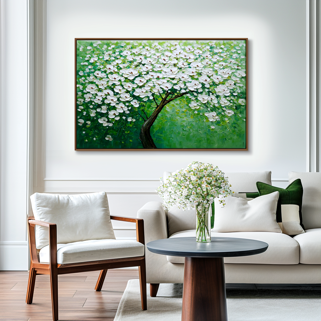 Blooming Horizon – Large Textured White Blossom Tree Oil Painting