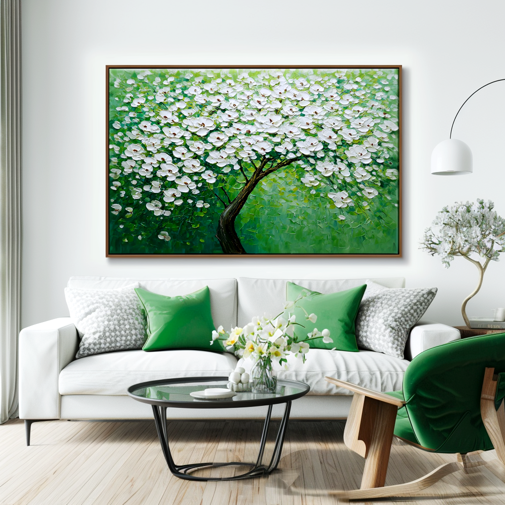Blooming Horizon – Large Textured White Blossom Tree Oil Painting