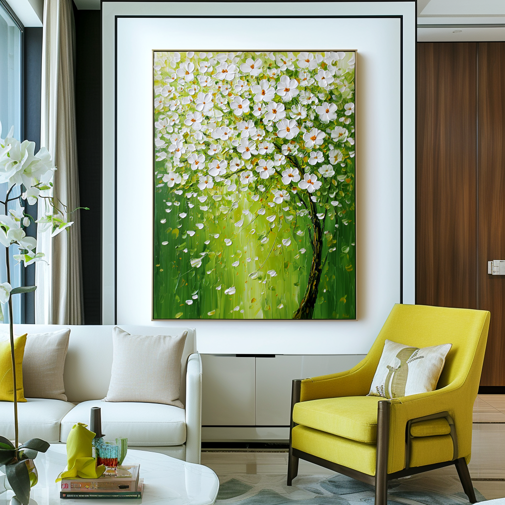 Spring Meadow-White Blossom Tree Painting