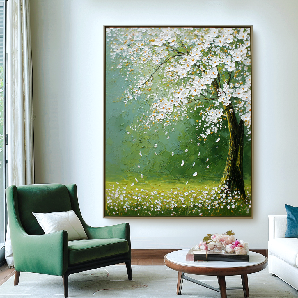Falling Petals-Green Blossom Tree Painting