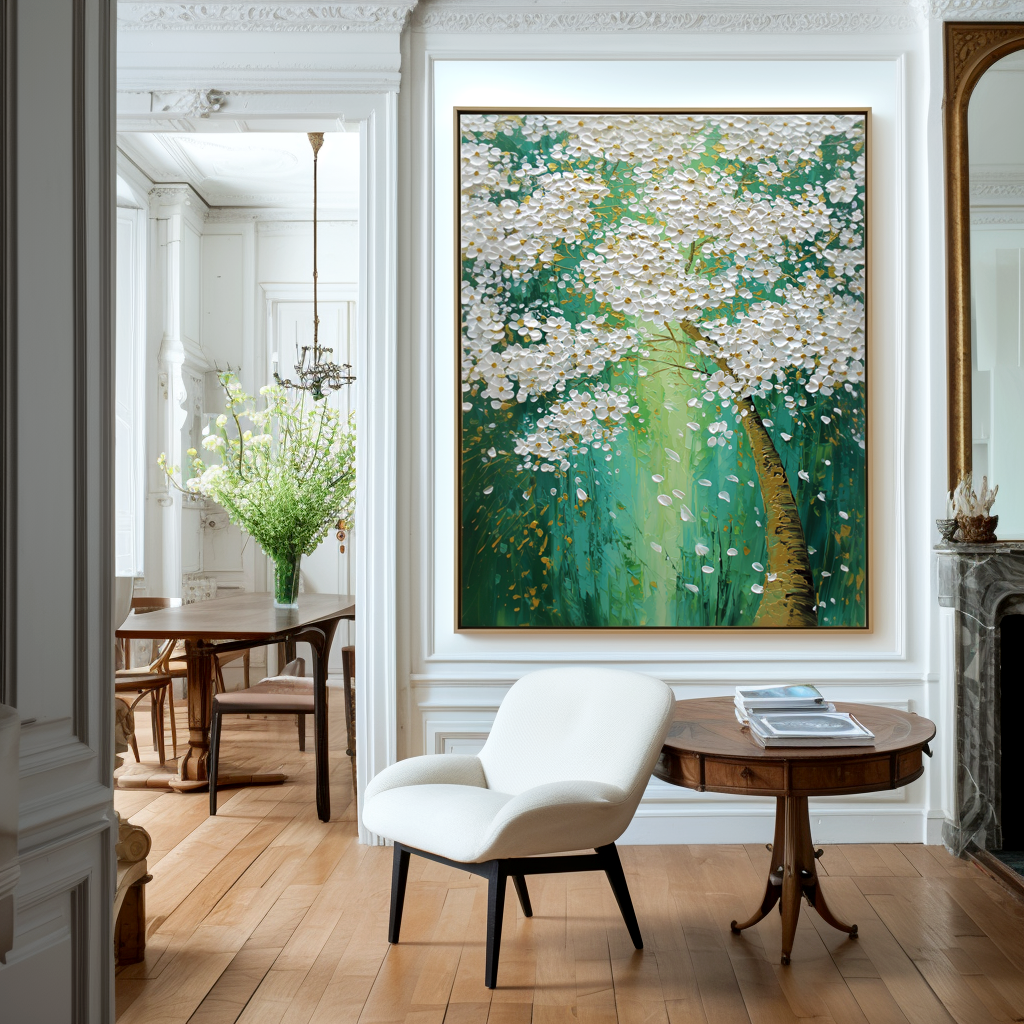 Emerald Canopy-White Blossom Tree Painting