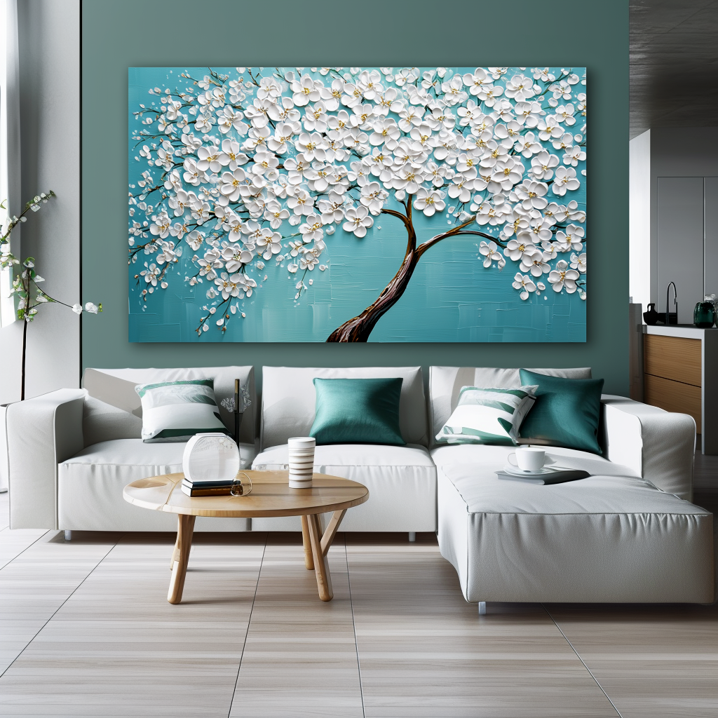 Turquoise Blossom-White Floral Tree Painting