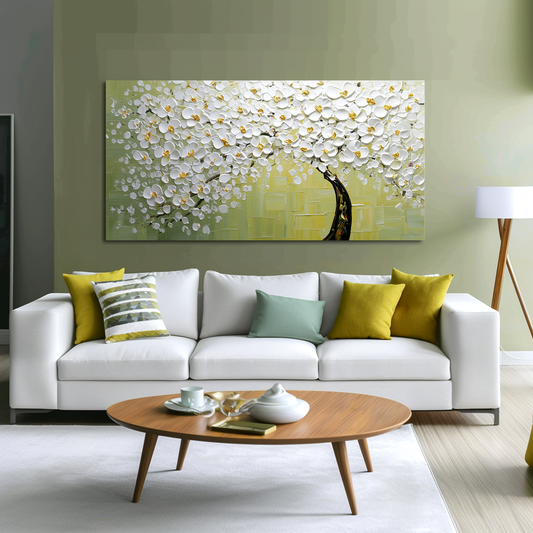 Golden Dawn – Textured White Blossom Tree Oil Painting
